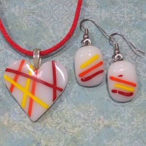 Heart Pendant and Earring Set, Striped Jewelry Set, Colorful Fused Glass Jewelry, Valentine, Ready to Ship - Delighted - 4469 -4