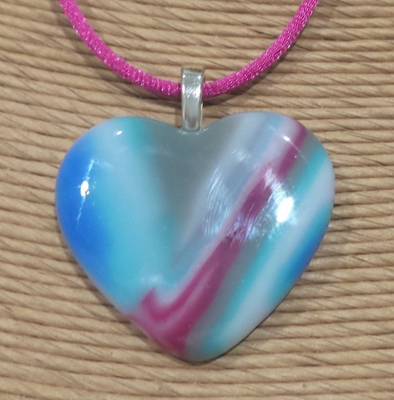 Blue, Gray, Pink Heart Necklace, Fused Glass Pendant, One if a Kind Jewelry, Ready to Ship, Valentine, Gift for Her, Fused Glass- Isbella