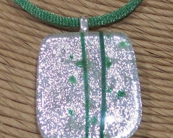 Silver Dichroic Pendant with Green Stripes and Accents, Sparkly Fused Glass Necklace, Christmas, Ready to Ship Jewelry - Serene - 8