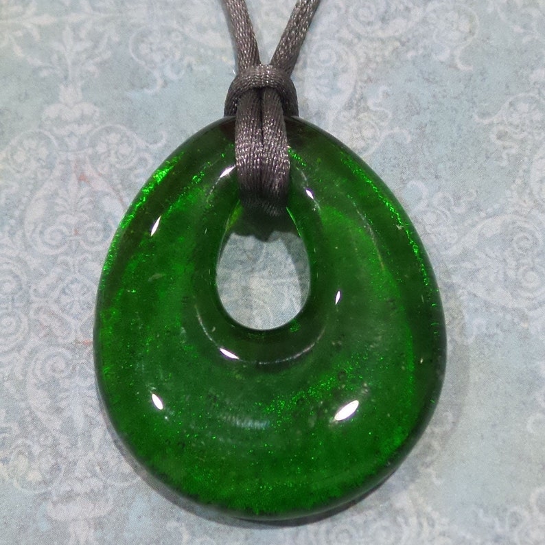 Transparent Green Teardrop Necklace, Grass Green Fused Glass Pendant, Christmas Teardrop Pendant, Handmade Jewelry, Trendy Kandi image 1