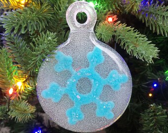 Snowflake Ornament, Christmas Ornament, Turquoise Blue Fused Glass Ornament, Dichroic Accents, One of a Kind - Aqua Blue Snowflake -8