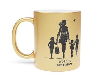 Mug, Golden Worlds Best Mom Appreciation Cup, Silver & Gold Mother Walking with Children, Mother's Day Gift, Mom Birthday Present, Metallic