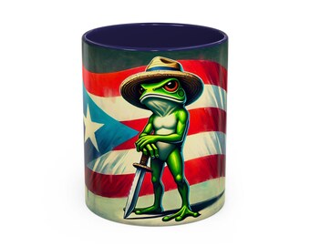 Coffee Mug - Puerto Rican Pride El Coqui with Flag and 'Boricua 100%' Tag