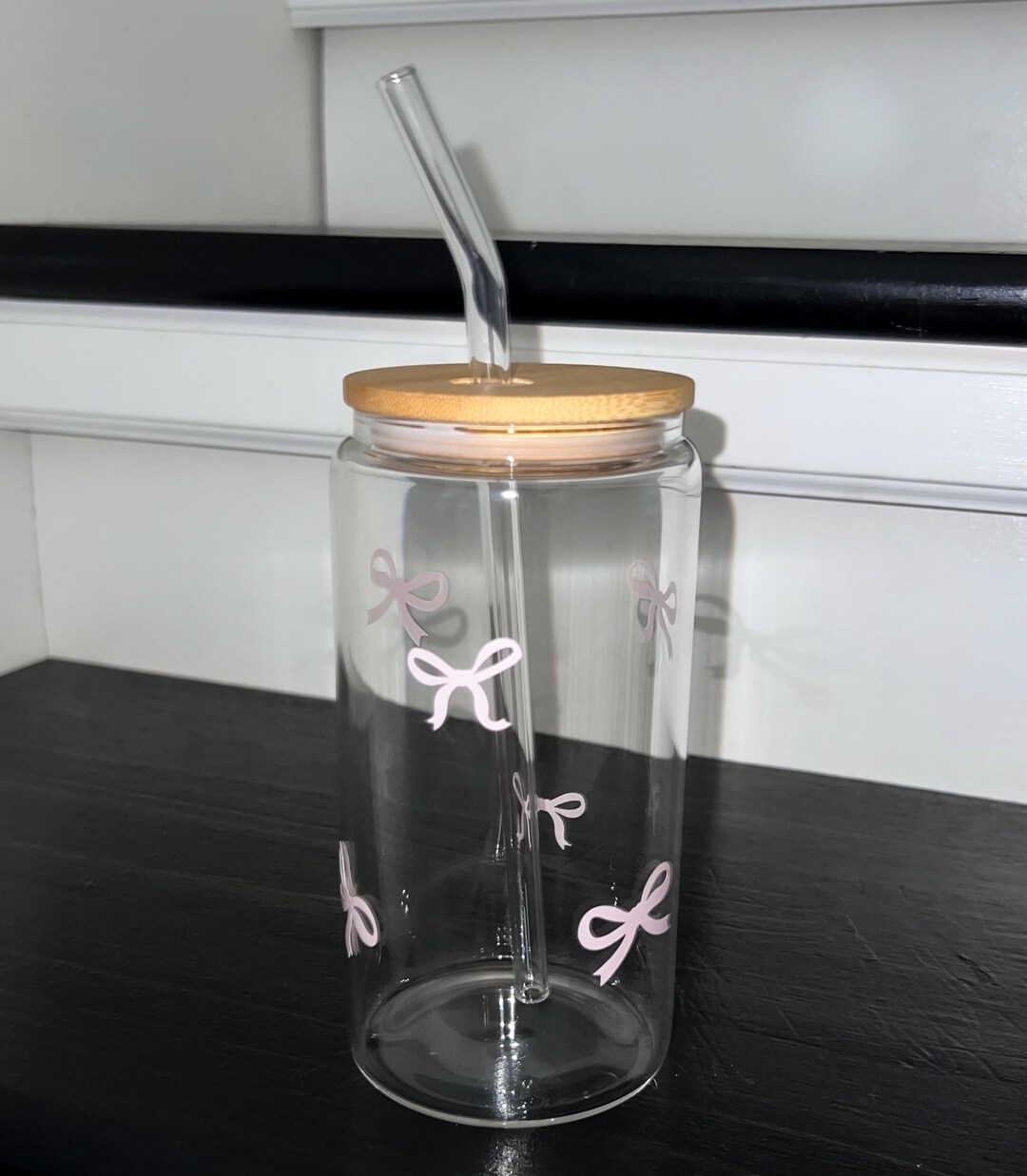 Cute Coquette Pink Bows Glass Cup With Straw and Lid - Etsy