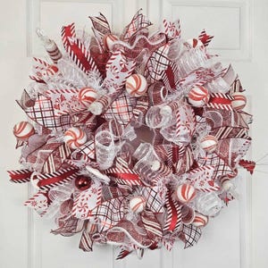 Candy Cane Christmas Wreath – Red & White Peppermint Mesh Wreath, Holiday Front Door Decor