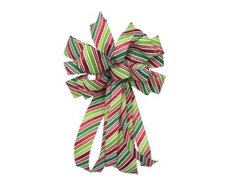 Christmas Bow for Lanterns, Red and Green Candy Cane Stripe Bow, Holiday Wreath Bow, Front Door Christmas Decor