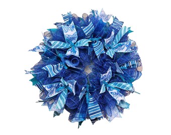 Ocean Blue Coastal Wreath for Front Door, Nautical Summer Door Decor, Beach House Wreath, Handmade Blue Mesh Wreath, Coastal Home Decor