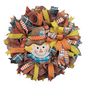 Scarecrow Fall Wreath for Front Door, Autumn Mesh Wreath with Plaid Ribbons, Farmhouse Harvest Decor, Thanksgiving Door Wreath