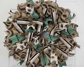Game Day Front Door Decor – Football Wreath – Rustic Sports Team Sign with Green Ribbon – Handmade Fall Tailgate Wreath