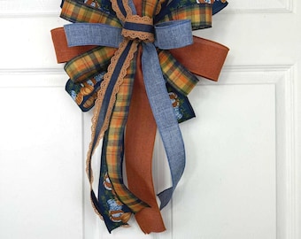 Fall Wreath Bow | Pumpkin Lantern Bow | Thanksgiving Door Hanger | Rustic Farmhouse Decor | Wired Ribbon Porch Decoration