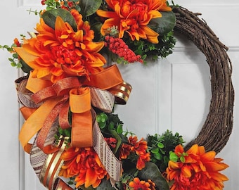 Fall Dahlia Wreath, Orange Autumn Front Door Decor, Rustic Farmhouse Grapevine Wreath, Thanksgiving Door Hanger, Handmade Fall Wreath