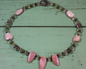 Pink Chalcedony, Carved Quartz, Peridot and Ruby Necklace, with Vintage Venetian Glass, and Woven, Hammered and Antiqued Silver Toggle