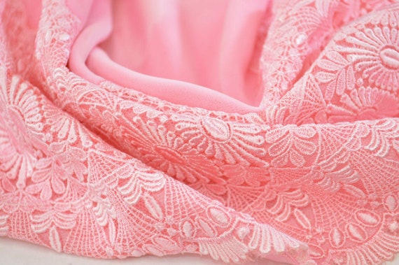 Pink Floral Lace Velvet Shawl, with Deep Floral L… - image 3