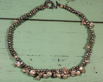 Peachy Keshi and Silver-Green Pearls, Crocheted Necklace, with Handmade, Hammered Sterling Silver Toggle