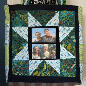 Personalized Quilted Photo Tote, Medium, with Your Photos, Sawtooth Star with Batiks: Customized, for Grandparents, New Moms, Pet Lovers