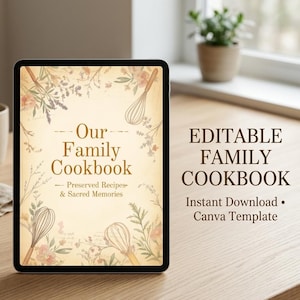 Puede incluir: Una tableta digital que muestra una plantilla de portada de libro de cocina con el texto Our Family Cookbook, Preserved Recipes & Sacred Memories. El diseño presenta un fondo color crema con ilustraciones de batidores y elementos florales.