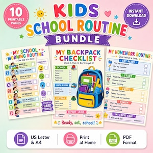 May include: A 10-page printable Kids School Routine Bundle featuring colorful charts for morning routines, backpack checklists, and homework tasks. The designs include illustrations of a blue backpack, school supplies, and emoji mood trackers.