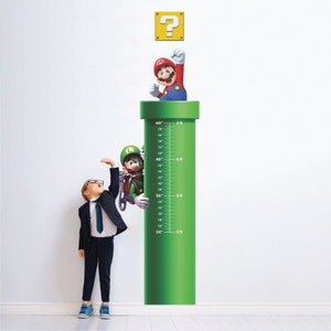 Calcomanía de pared de Super Mario, tabla de crecimiento de Mario, arte de pared para decoración de dormitorio, decoración de habitación infantil