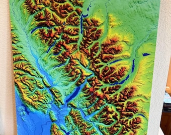 Mapa de elevación del Parque Nacional Glacier para pared / Decoración de montaña de Montana / Mapa de terreno 3D / Regalo para excursionistas / Parque Nacional / Mapa topográfico