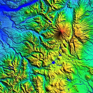 May include: A colourful topographical map showing a mountainous region. The map uses a gradient of blues, greens, yellows, and reds to represent elevation. Rivers and lakes are also visible, providing a detailed representation of the terrain.