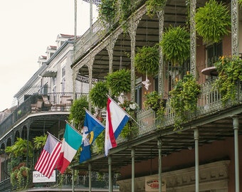 French Quarter Flags, New Orleans Photography, Lush Balconies, Hostel, Nola Travel Photo Print