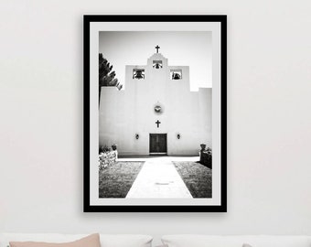 New Mexico Mission Fine Art Photo, Southwest Wall Decor Black and White Photos Catholic Tularosa Adobe St Francis De Paula