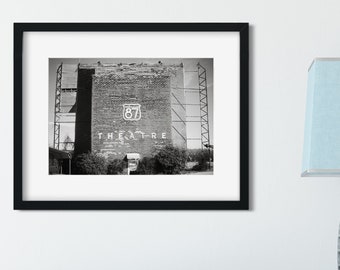 Black and White Photography, Drive-In Movie Theater Photo Print, Abandoned Theatre, Texas Photography