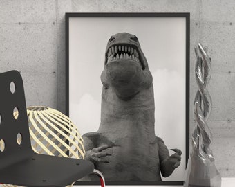 Fotografia impressa de uma atração turística à beira da estrada, com um T-Rex, na Rota 66, Califórnia.