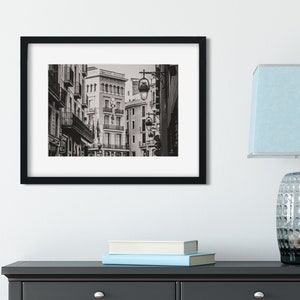 Barcelona Buildings and Street Lights Photo Print, Black and White Grainy Film, Architecture, Urban Decor image 1