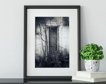 Vine Covered Door Photography, Rustic Black and White Photo, Haunting, Surreal, Rural Illinois, Abandoned Building, Creepy Photo, Vines