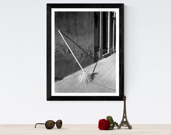 Film Noir Broom Art Print, Buenos Aires Recoleta Cemetery, Black and White Photography
