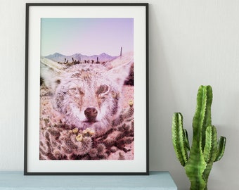 Keep the Desert Wild Wall Art Print, Coyote and Cholla Cactus Collage Double Exposure Phot, Surreal