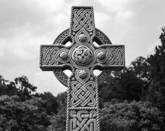 Celtic Cross Headstone Art Print, Black and White Gothic Photography