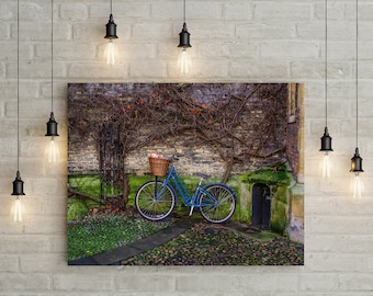 Blue Bicycle Art Print, Cambridge England UK Photo, Travel Photography, Bike Messenger, Gift for Commuter,  Bike Basket