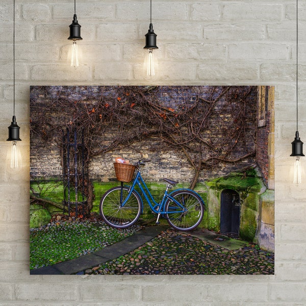 Blue Bicycle Art Print, Cambridge England UK Photo, Travel Photography, Bike Messenger, Gift for Commuter,  Bike Basket