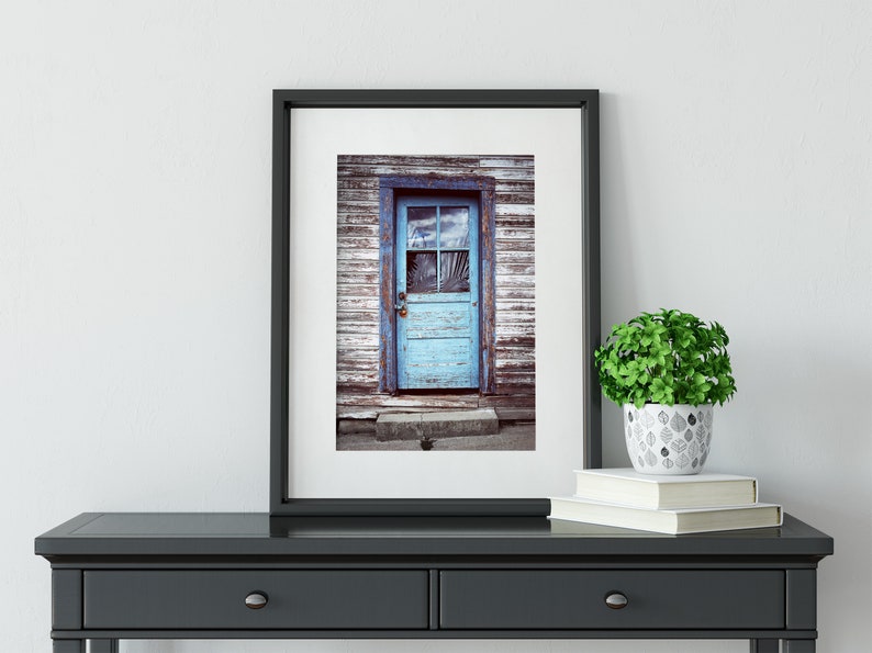 Blue Door Photography, Old Door Art, Rustic Wall Art, New Denver British Columbia Canada Village, Shabby Chic Decor, Peeling Paint Rustic image 1