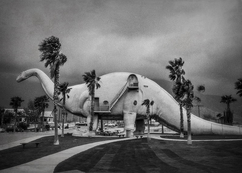 Fotografia surreale in bianco e nero, stampa di dinosauri, fotografia della California, strana arte da parete, casetta di Pee Wees, attrazione lungo la strada immagine 3