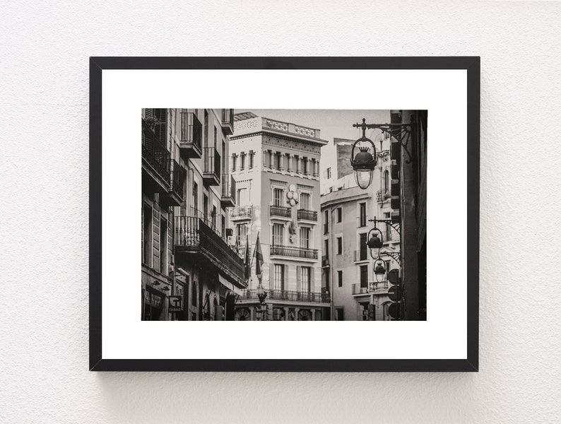 Barcelona Buildings and Street Lights Photo Print, Black and White Grainy Film, Architecture, Urban Decor image 3