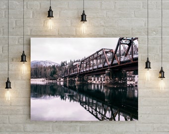 Reflected Train Bridge Photography, Winter River Scene, Architecture Wall Art Print, Railroad Trestle, Clark Fork Idaho, Pacific Northwest