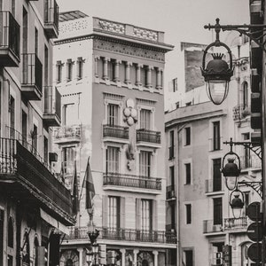 Barcelona Buildings and Street Lights Photo Print, Black and White Grainy Film, Architecture, Urban Decor image 2