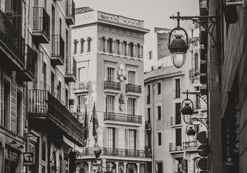 Barcelona Buildings and Street Lights Photo Print, Black and White Grainy Film, Architecture, Urban Decor image 2