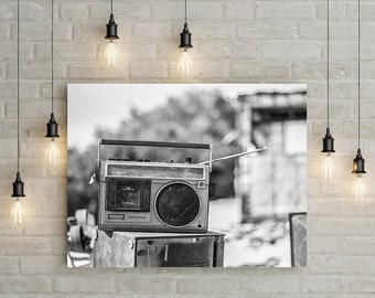 Boombox Art Photo Print, Slab City California, Abandoned, Urbex, Black White Grainy 35mm Film Photography, Salton Sea, Niland, Punk Rock