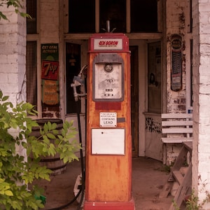 Rustic Photography, Illinois Gas Pump, Abandoned Gas Station, Vintage Wall Art Print, Retro, Man Cave, Garage Art, Red, Leaded Gas Sign