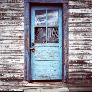 Blue Door Photography, Old Door Art, Rustic Wall Art, New Denver British Columbia Canada Village, Shabby Chic Decor, Peeling Paint Rustic image 2