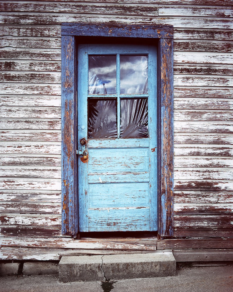 Blue Door Photography, Old Door Art, Rustic Wall Art, New Denver British Columbia Canada Village, Shabby Chic Decor, Peeling Paint Rustic image 2