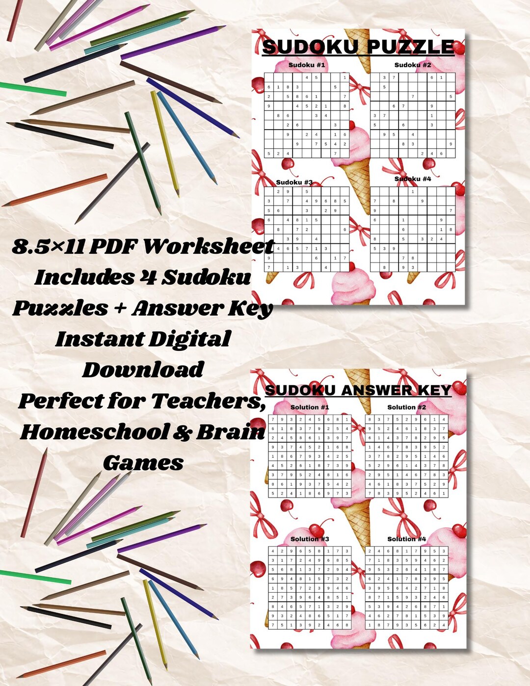 Sudoku Puzzle Printable – 8.5×11 in | 4 Sudoku Games + Answer Key
