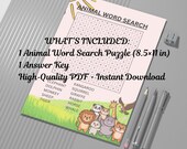 Animal Word Search Puzzle Printable PDF | Kids Activity Worksheet | Homeschool Printable | 8.5x11 in Word Search | Instant Download