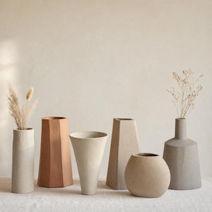 Op de afbeelding: Een verzameling van zes keramische vazen in diverse vormen en neutrale aardetinten, waaronder terracotta, beige en grijs. Twee vazen bevatten gedroogde botanische stengels. De vazen hebben matte, getextureerde oppervlakken en geometrische vormen.