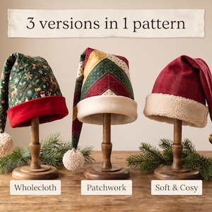 May include: Three holiday hats on wooden stands with the text 3 versions in 1 pattern. The left hat is green with a deer print and red brim. The middle hat features a chevron patchwork design. The right hat is solid red with a cream sherpa brim.