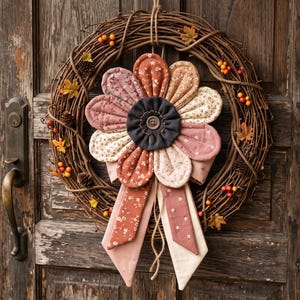 Peut inclure: Une couronne en sarments de vigne ornée d'une fleur en tissu centrale aux pétales roses, crème et rouille, avec un bouton gris foncé au centre. La couronne est décorée de petites baies orange artificielles et de minuscules feuilles d'automne.